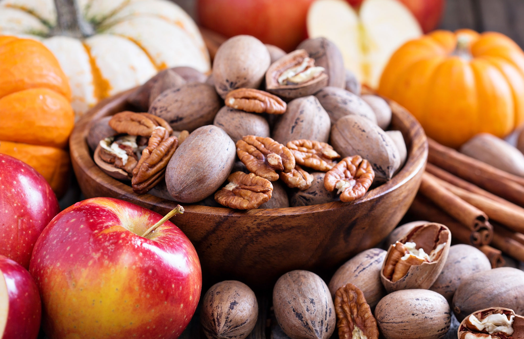 Schale mit Nüssen, Zimtstangen, Äpfel und Kürbis